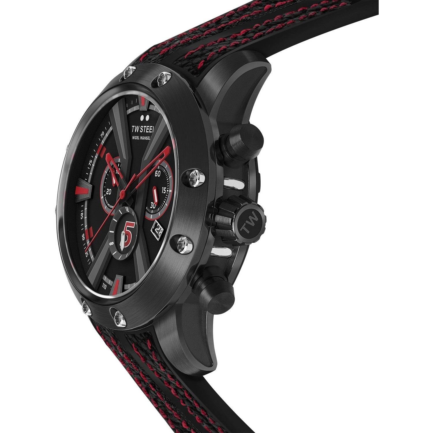 TW Steel TWGT14 Damon Hill Fast Lane Chronograaf Limited Edition herenhorloge 47mm met zwart-rode wijzerplaat en sportieve leren band. Luxe Swiss Made horloge voor heren in gelimiteerde oplage, ideaal voor autosportliefhebbers.
