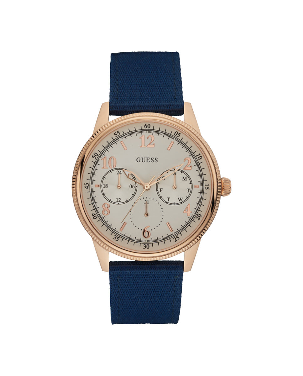 Guess Herenhorloge | Opvallende Roze RVS Kast & Blauwe Nylon Band, 41-45mm