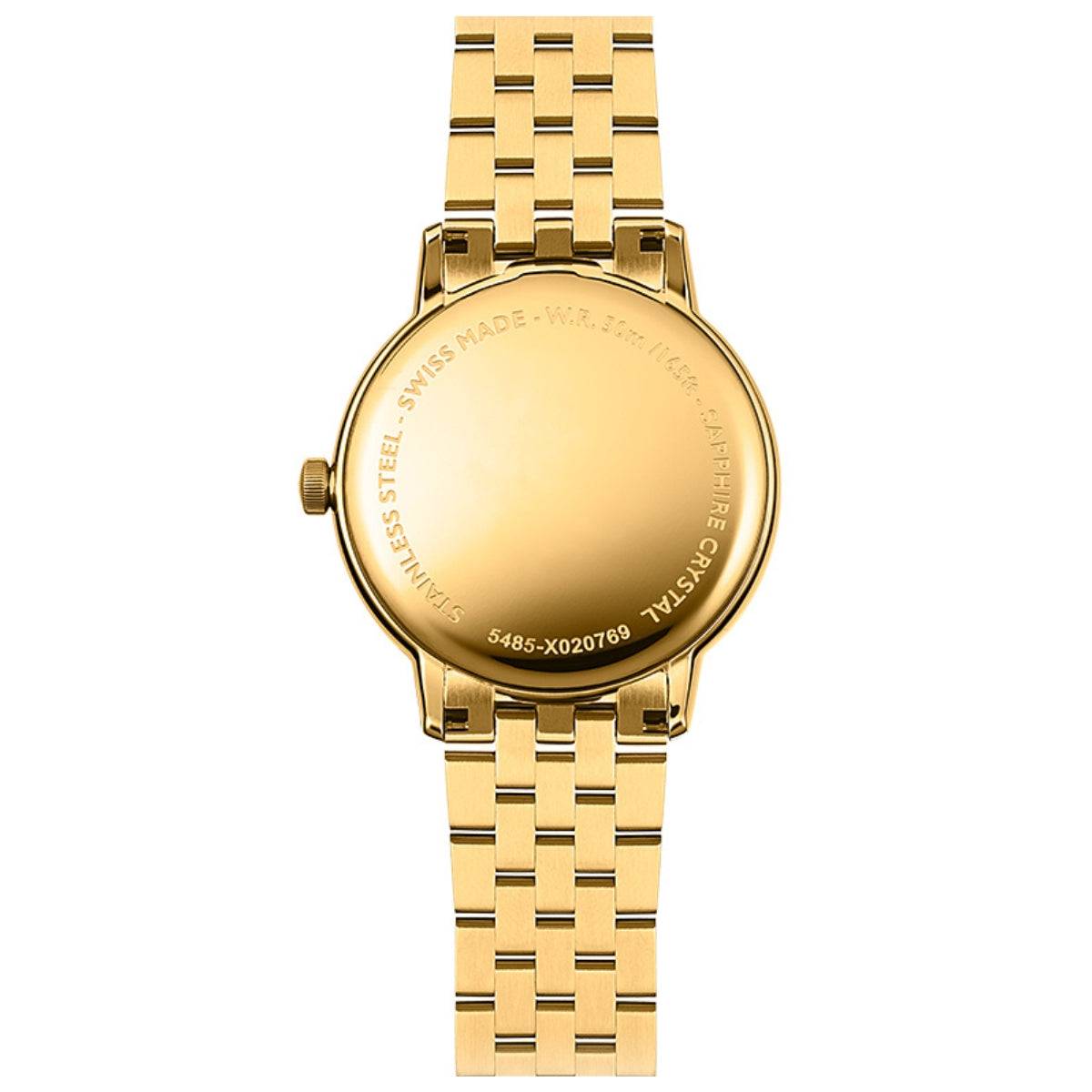 Achterkant van Raymond Weil Toccata Herenhorloge 39mm met goudkleurige roestvrijstalen band en Swiss Made gravure. Luxe herenhorloge detailweergave.