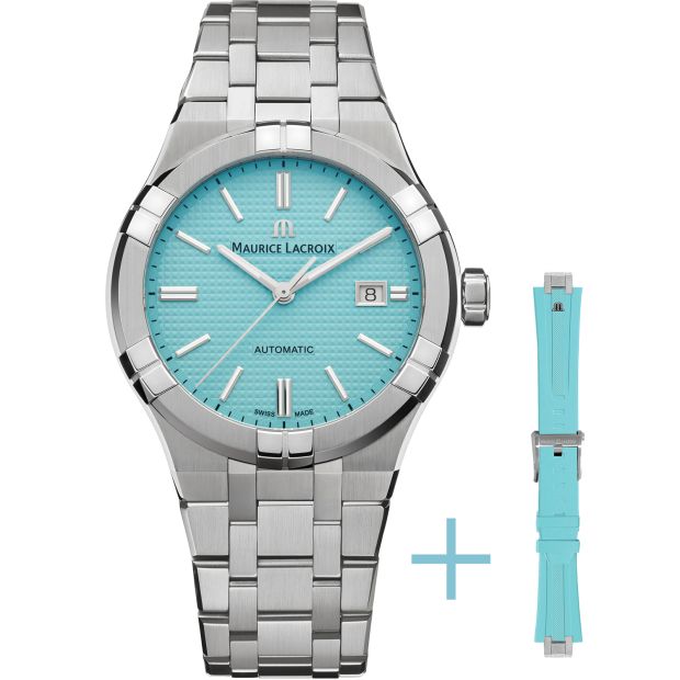 Maurice Lacroix Aikon Automatic Date Limited Edition Herenhorloge 42mm met turquoise wijzerplaat en roestvrijstalen band, Swiss Made precisie.