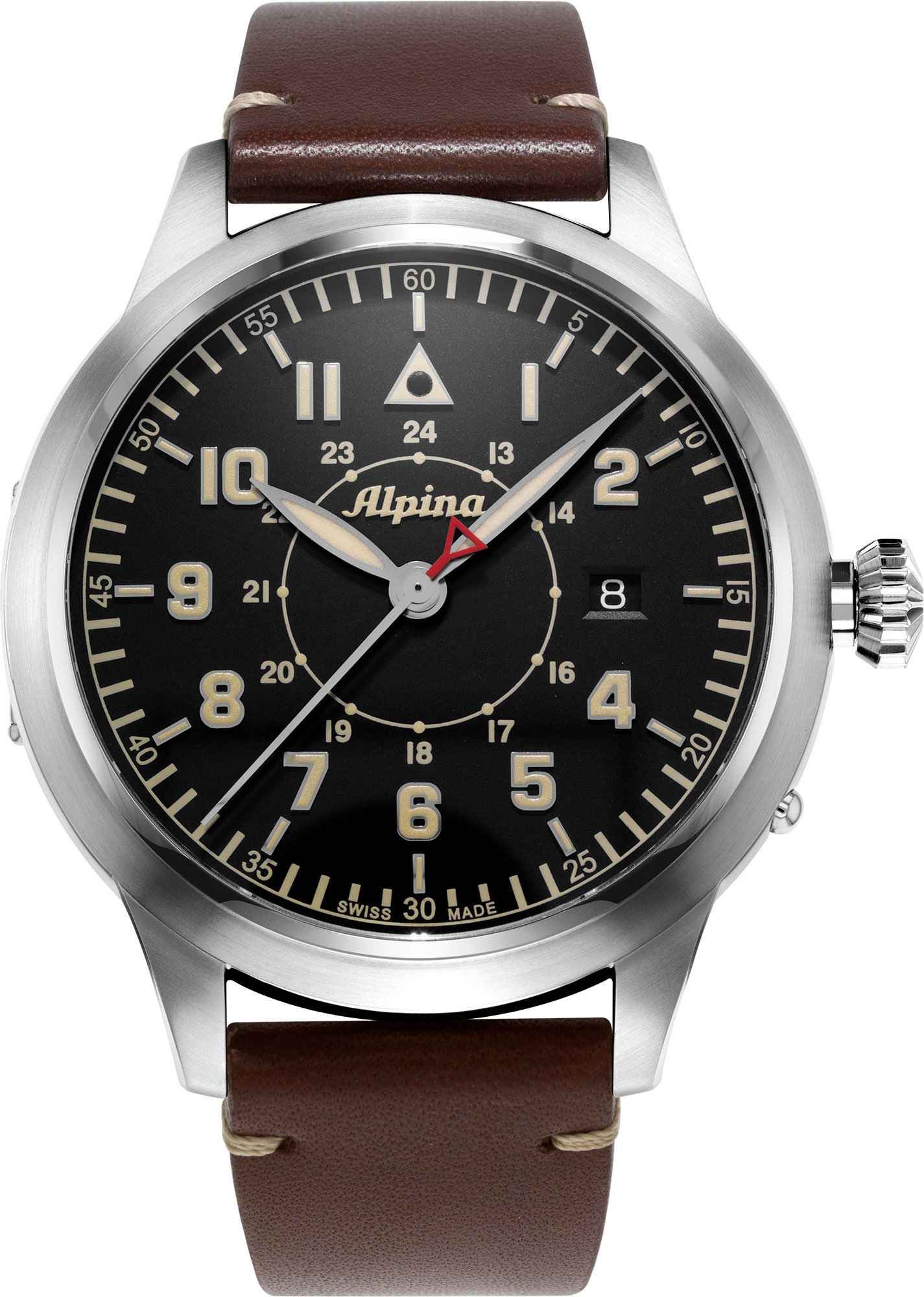 Alpina Startimer Herenhorloge 44mm Limited Edition met zwart wijzerplaat, bruine lederen band en Swiss Made precisie, ideaal voor heren.