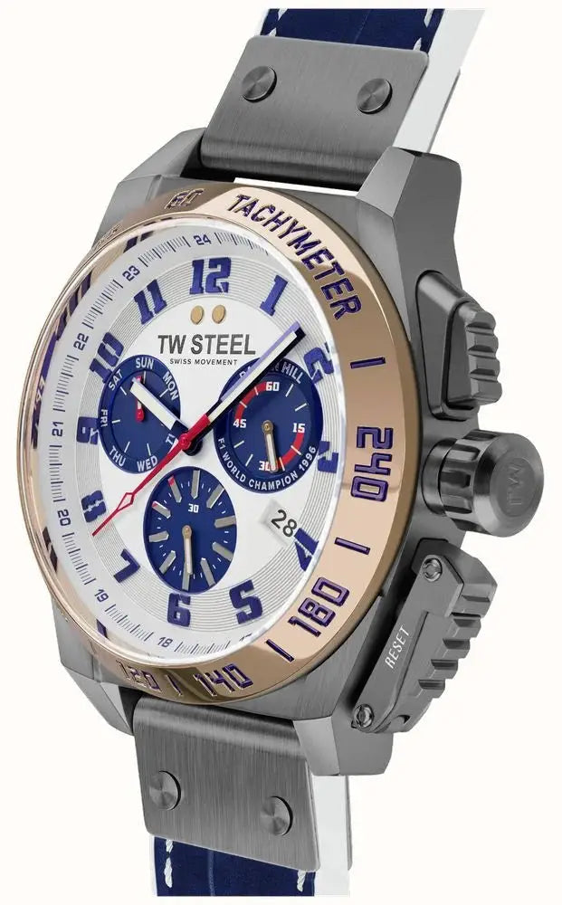 TW Steel Damon Hill Chronograph Limited Edition herenhorloge 46mm met blauw leren band, tachymeter en witte wijzerplaat.