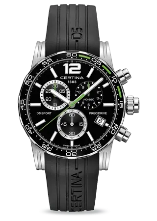 Certina DS Sport Chrono Herenhorloge 42mm met zwarte wijzerplaat, chronograaf en zwarte siliconen band. Swiss Made sportief herenhorloge.