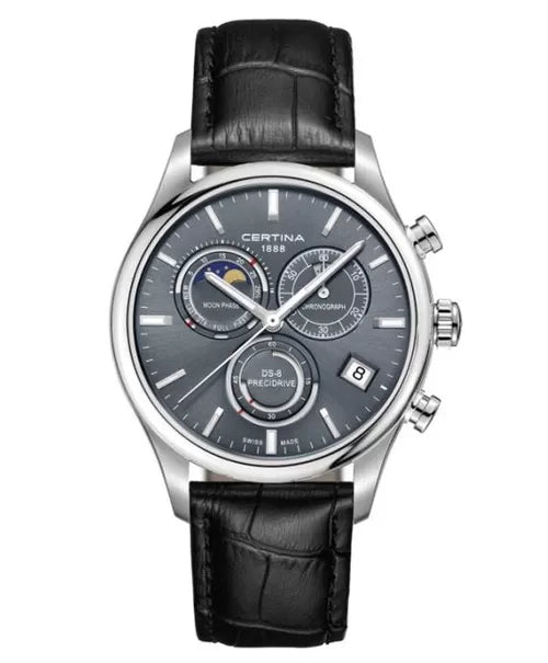 Certina DS-8 Moon Phase Chronograaf Herenhorloge 42mm met zwarte leren band en grijze wijzerplaat. Luxe Swiss Made horloge met maanfase functie.