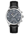 Certina DS-8 Moon Phase Chronograaf Herenhorloge 42mm met zwarte leren band en grijze wijzerplaat. Luxe Swiss Made horloge met maanfase functie.