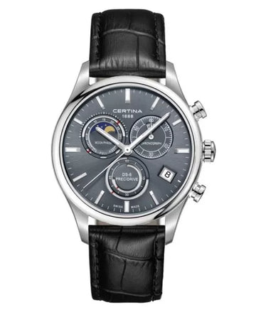 Certina DS-8 Moon Phase Chronograaf Herenhorloge 42mm met zwarte leren band en grijze wijzerplaat. Luxe Swiss Made horloge met maanfase functie.