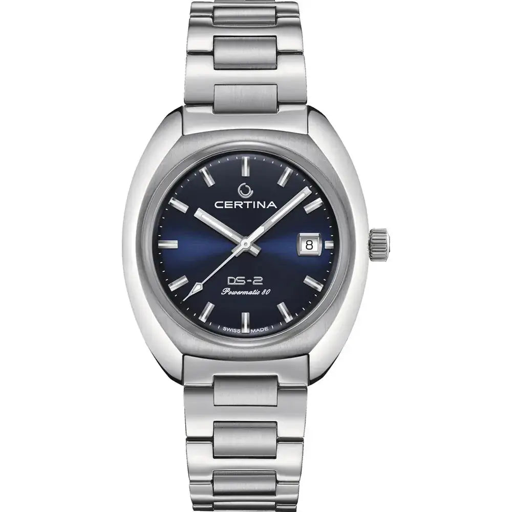 Certina DS-2 C0244071104101 herenhorloge met 40mm kast, blauwe wijzerplaat en roestvrijstalen band. Swiss Made Powermatic 80 uurwerk.