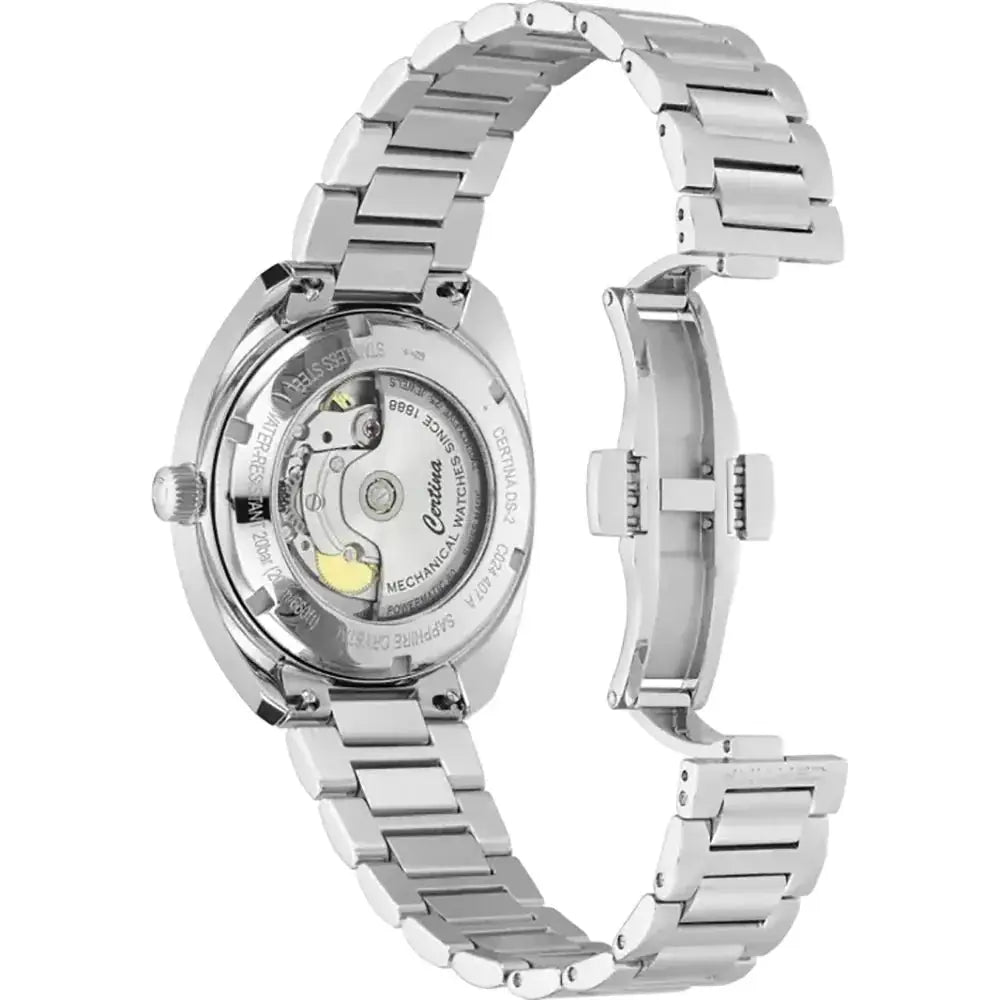 Achteraanzicht van de Certina DS-2 C0244071104101 DS-2 Powermatic 80 herenhorloge 40mm met zichtbare mechanische beweging en roestvrijstalen band.