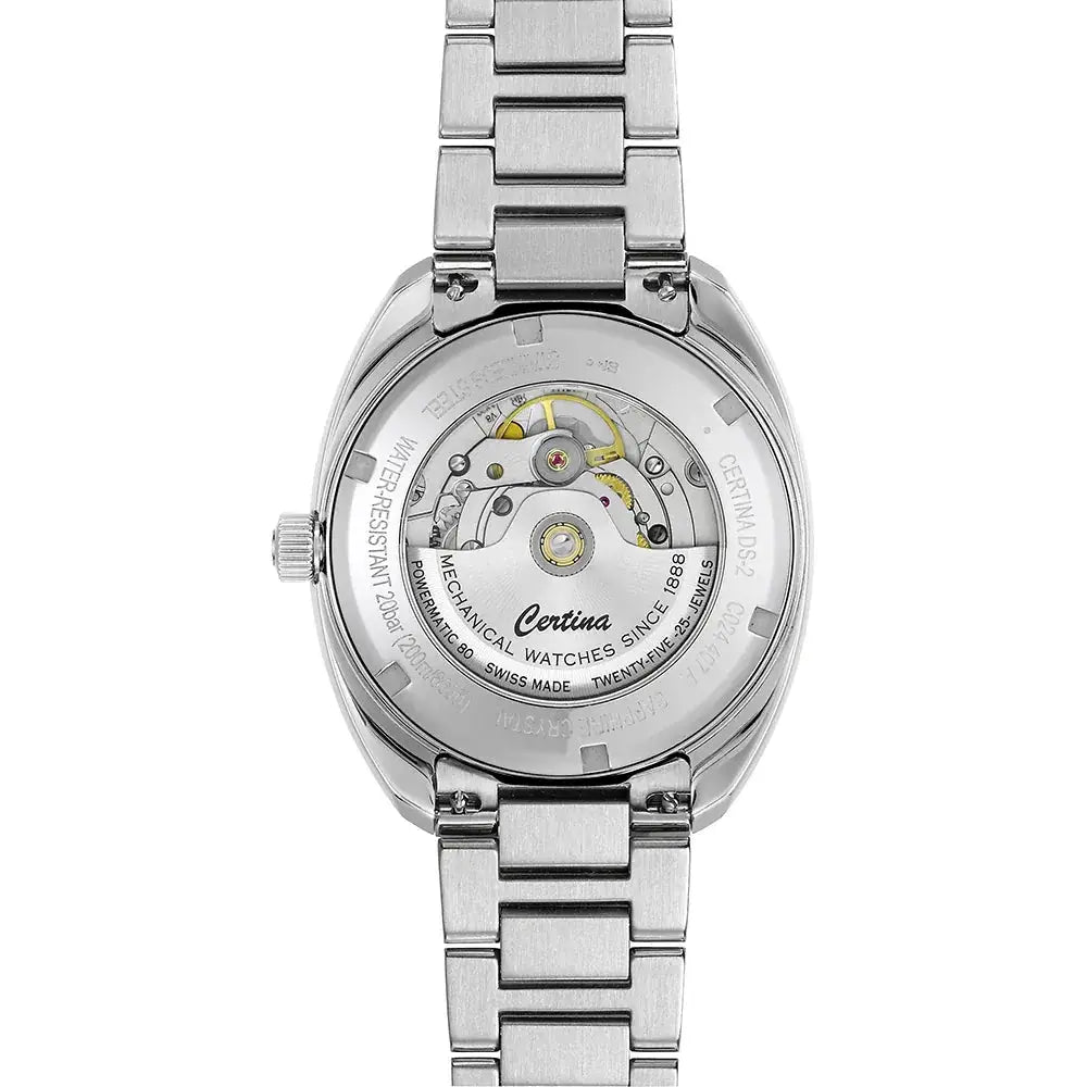 Achterzijde van de Certina DS-2 C0244071104101 DS-2 Powermatic 80 Herenhorloge 40mm met zichtbare Zwitserse mechanische beweging.