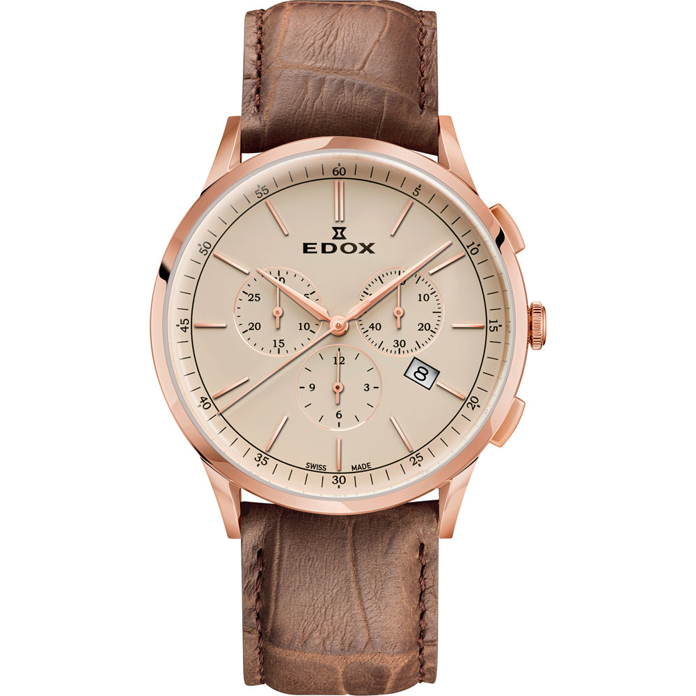 Edox Les Vauberts 10236-37RC-BEIR Chronograaf Herenhorloge met 42mm roségouden kast en bruine leren band. Elegant Swiss Made design.