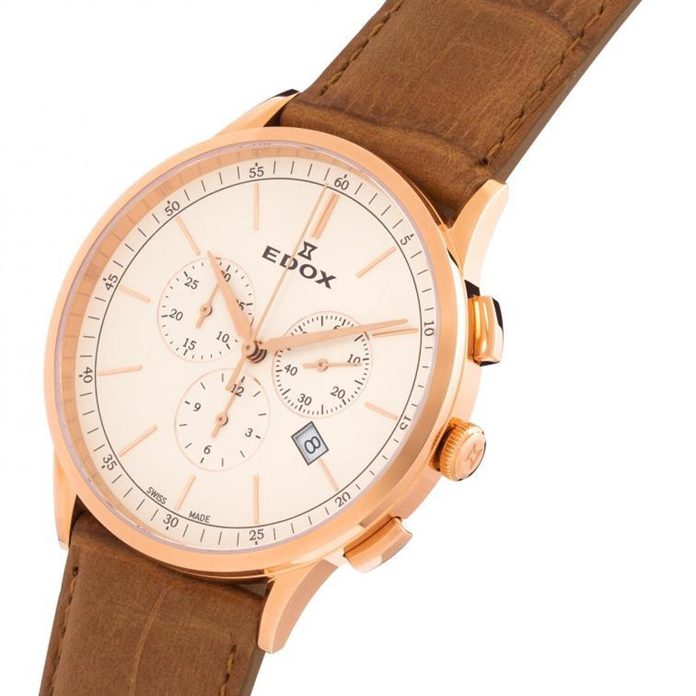 Edox Les Vauberts 10236-37RC-BEIR Chronograaf Herenhorloge met 42mm roségouden kast en bruine leren band. Elegant Zwitsers design.