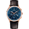 Edox 10236-37RC-BUIR Les Vauberts herenhorloge met 42mm kast, blauwe wijzerplaat, roségouden behuizing en bruine leren band. Elegant en Swiss Made.