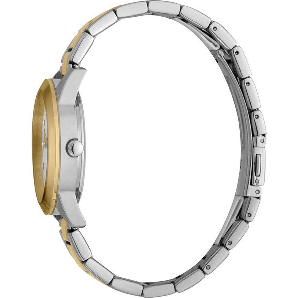 Zijaanzicht van Esprit dameshorloge Daphne Crystals - ES1L197M0095 met zilveren en goudkleurige metalen band en slanke kast.