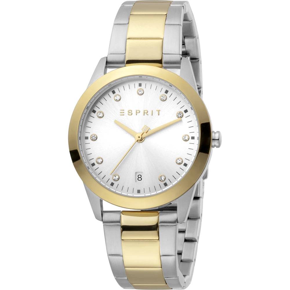 Esprit dameshorloge Daphne Crystals ES1L197M0095 met zilver-goudkleurige schakelband en kristallen wijzerplaat, elegant accessoire voor dames.