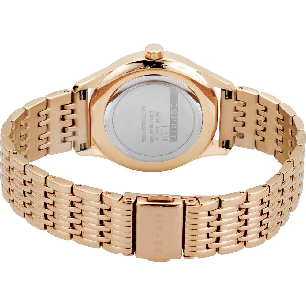 Esprit ES1L029M0065 horloge met roségouden schakelband en E.ASY ontwerp, stijlvolle damesaccessoire voor elke gelegenheid.