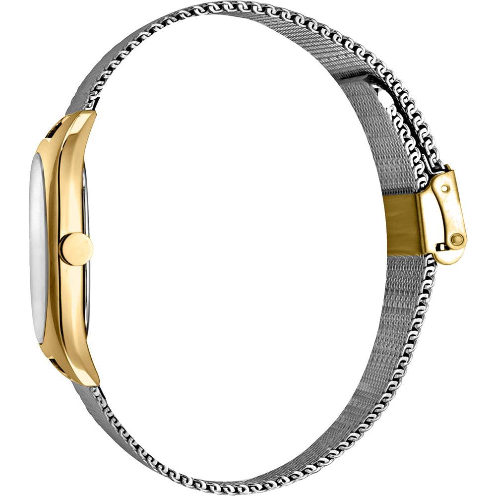 Esprit ES1L038M0115 dameshorloge 32mm met goudkleurige kast en zilveren mesh band. Elegant horloge voor dames in moderne stijl.