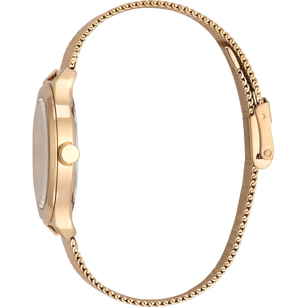 Zijaanzicht van de Esprit Magnolia Dameshorloge ES1L019M0095 met een elegante roségouden mesh band. Stijlvol accessoire voor elke outfit.