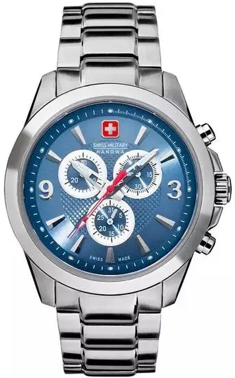 Swiss Military Hanowa 5169.04.003 Chronograaf herenhorloge 43mm DEMO met blauwe wijzerplaat, zilverkleurige kast en roestvrijstalen band.