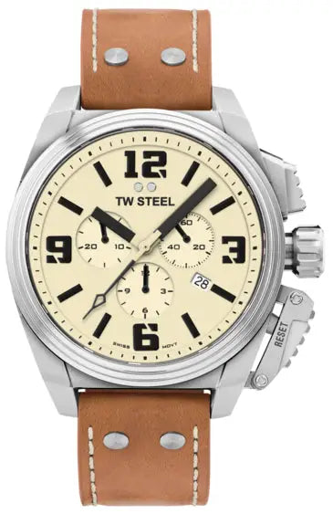 TW Steel TW1010 Canteen Chronograaf herenhorloge met 46mm kast, beige wijzerplaat en bruin leren band. Stijlvol en functioneel ontwerp.