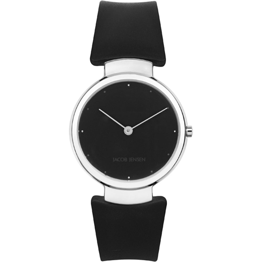 Jacob Jensen Classic collection JJ111 dameshorloge 35mm met minimalistisch zwart wijzerplaat en zilverkleurige behuizing. Elegant ontwerp met zwarte leren band, perfect voor dames.