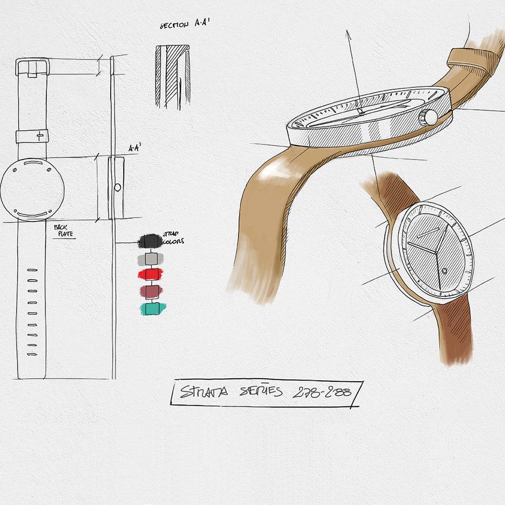 Ontwerptekening van de Jacob Jensen Strata 276 Strata Horloge 41mm met details van de leren band en kast in zijaanzicht.