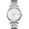 Lacoste LC2001147 dameshorloge met zilverkleurige roestvrijstalen band en parelmoer wijzerplaat. Elegant en tijdloos ontwerp voor elke gelegenheid.