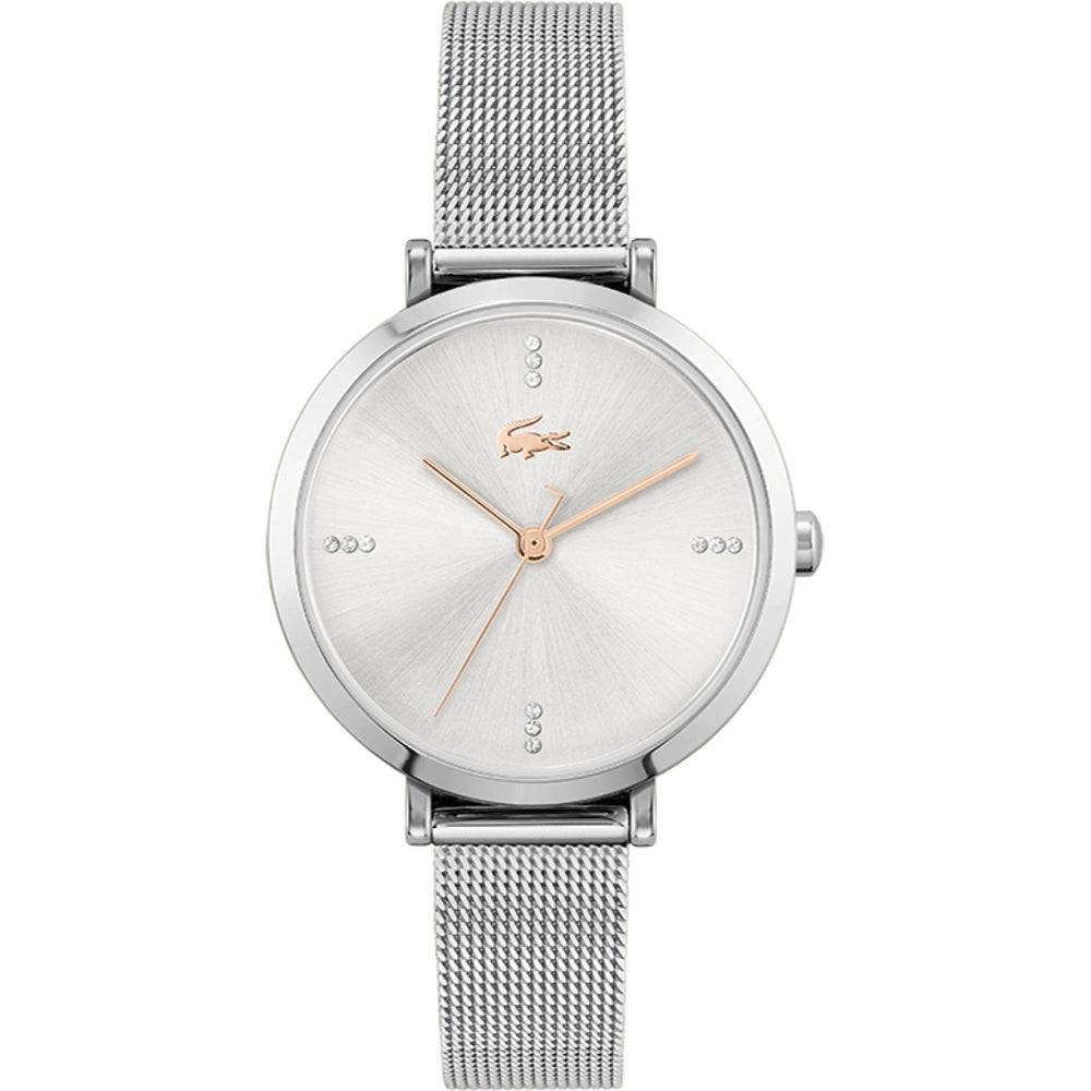 Lacoste Dameshorloge 32mm - Geneva met zilverkleurige mesh band en minimalistisch wijzerplaatontwerp. Elegant dameshorloge voor elke gelegenheid.