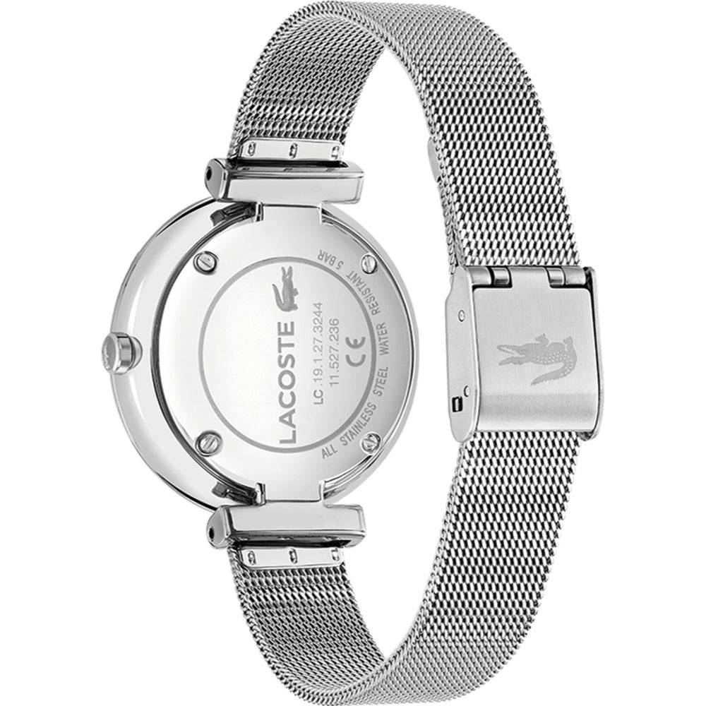 Lacoste Dameshorloge 32mm - Geneva met zilverkleurige mesh band en gegraveerde sluiting, stijlvol voor elke gelegenheid.