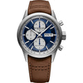 Raymond Weil Freelancer herenhorloge 42mm met blauwe wijzerplaat, chronograaf en bruine lederen band, Swiss Made design voor stijlvolle mannen.