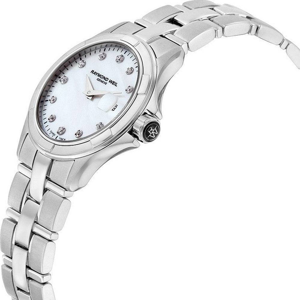 Raymond Weil Parsifal 9460-ST-97081 dameshorloge 28mm met parelmoer wijzerplaat en diamanten uurmarkeringen. Elegant Zwitsers horloge voor dames.