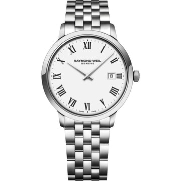 Raymond Weil Toccata 5485-ST-00300 herenhorloge 39mm met zilverkleurige roestvrijstalen band en witte wijzerplaat met Romeinse cijfers.