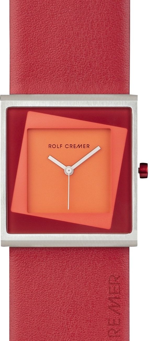Dameshorloge Rolf Cremer Yess 34mm met vierkante oranje wijzerplaat en rood leren bandje. Modern design voor stijlvolle dames.