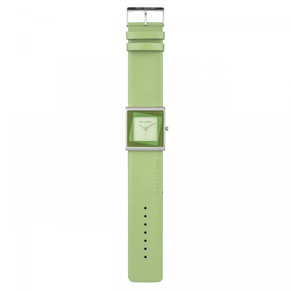Rolf Cremer dameshorloge Yess 507204 met vierkante 34mm kast en lichtgroene leren band. Elegant ontwerp voor moderne dames.