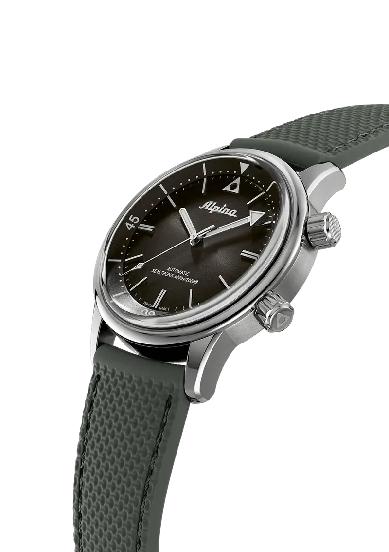 Alpina Heritage Diver 300 herenhorloge 42mm met zwart wijzerplaat en groene rubberen band. Swiss Made duikhorloge voor heren, stijlvol en sportief.