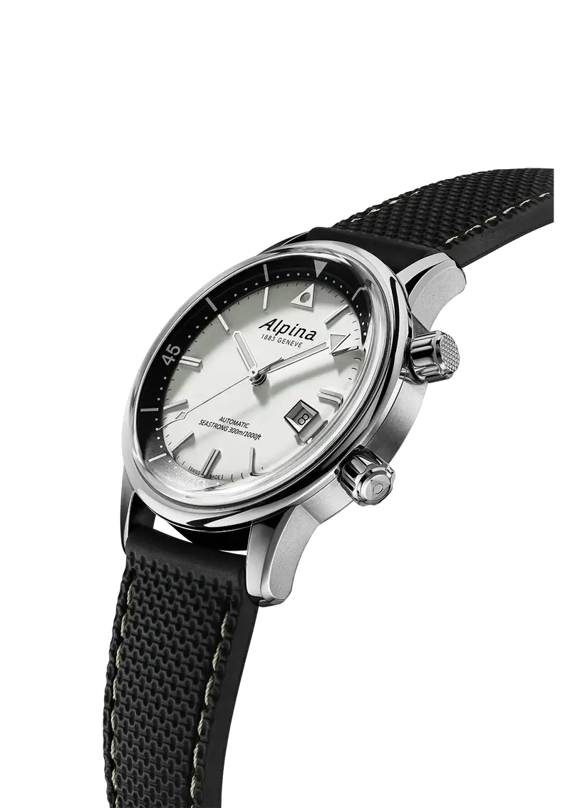 Alpina Heritage Seastrong Diver 300 horloge - Herenhorloge 42mm met zwart-witte wijzerplaat en donkergroene band, Swiss Made duikhorloge.