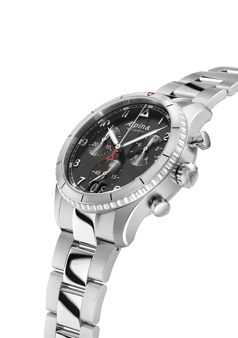 Alpina Startimer Pilot Chronograph herenhorloge 41mm met zwarte wijzerplaat, grote datum en roestvrijstalen band. Zwitsers design voor stijlvolle heren.