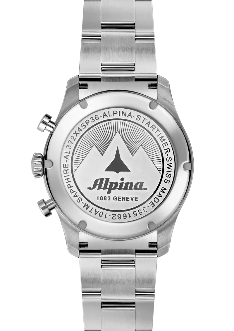 Achterzijde van de Alpina Startimer Pilot Chronograph herenhorloge 41mm met gegraveerd Alpina-logo en roestvrijstalen band. Swiss Made kwaliteit en sportief design.