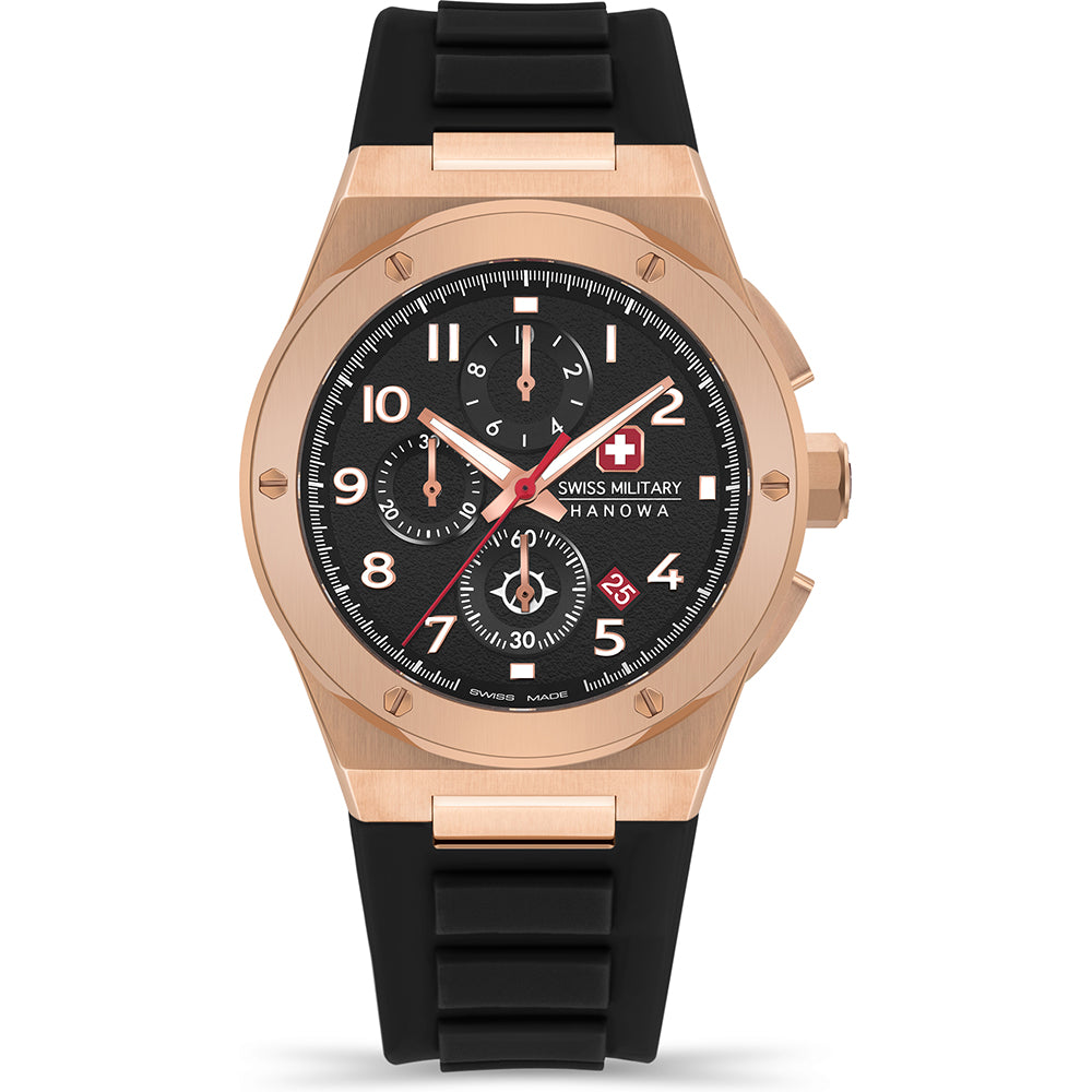 Swiss Military Hanowa Sonoran Chrono Herenhorloge 43mm met zwarte wijzerplaat, roségouden kast en zwarte siliconen band. Luxe Swiss Made horloge voor heren.