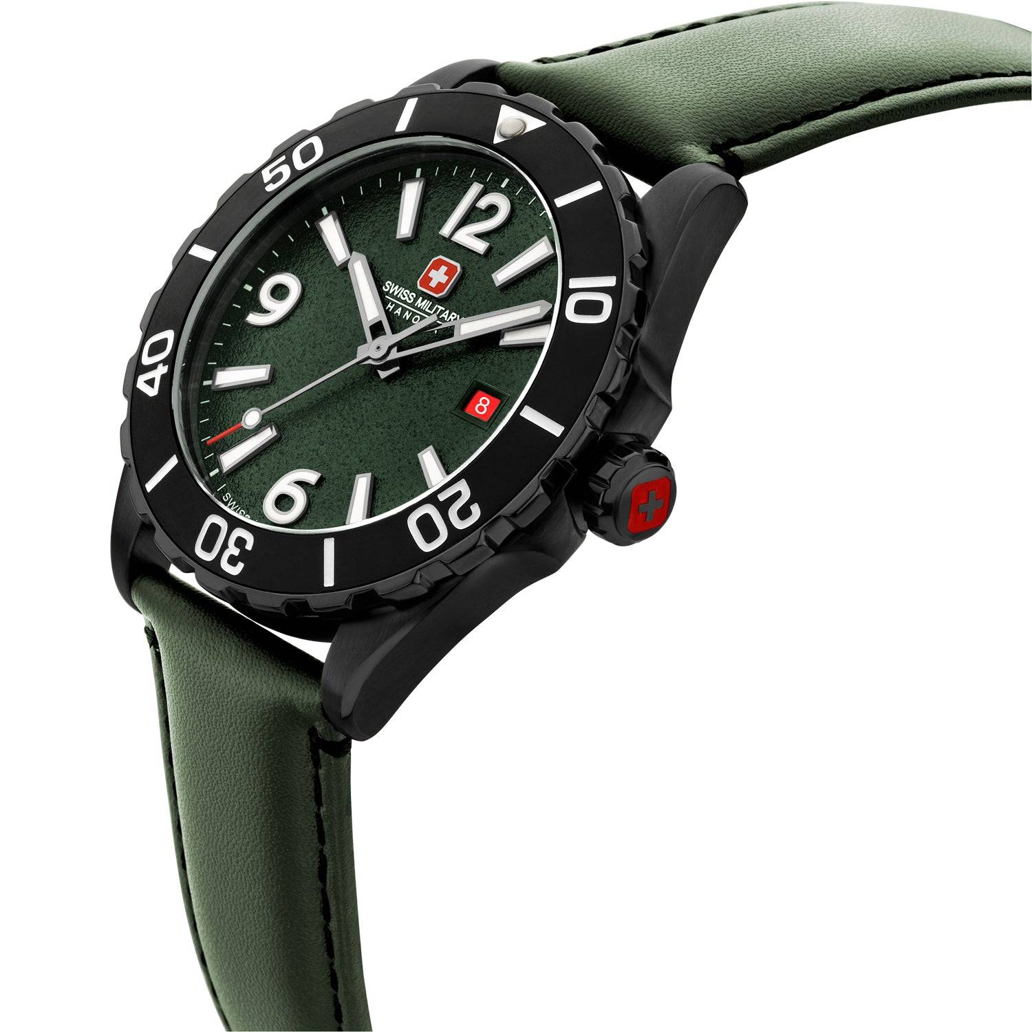 Swiss Military Hanowa Carbon Peak 44mm horloge met groene wijzerplaat en leren band, ideaal herenhorloge voor outdoor en sportieve stijl.