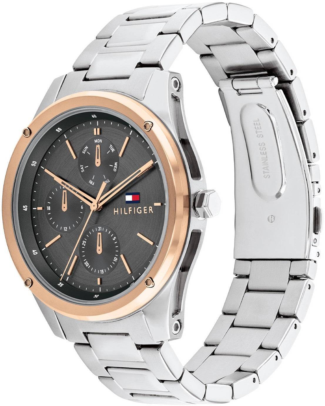 Tommy Hilfiger TH1710541 herenhorloge 43mm met roestvrijstalen band en roségouden bezel, stijlvol accessoire voor herenmode.