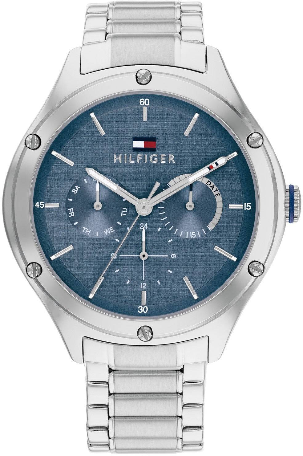 Tommy Hilfiger Lexi Horloge 40mm voor dames met zilverkleurige schakelband en blauwe wijzerplaat. Elegant horloge uit de nieuwste collectie.