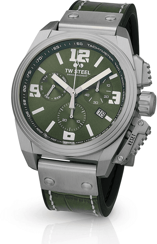 TW Steel TW1116 Canteen Swiss Chronograaf Herenhorloge 46mm met groene wijzerplaat en zilverkleurige kast, ideaal voor stijlvolle heren. Luxe Swiss Made horloge in de categorie herenaccessoires en sieraden.