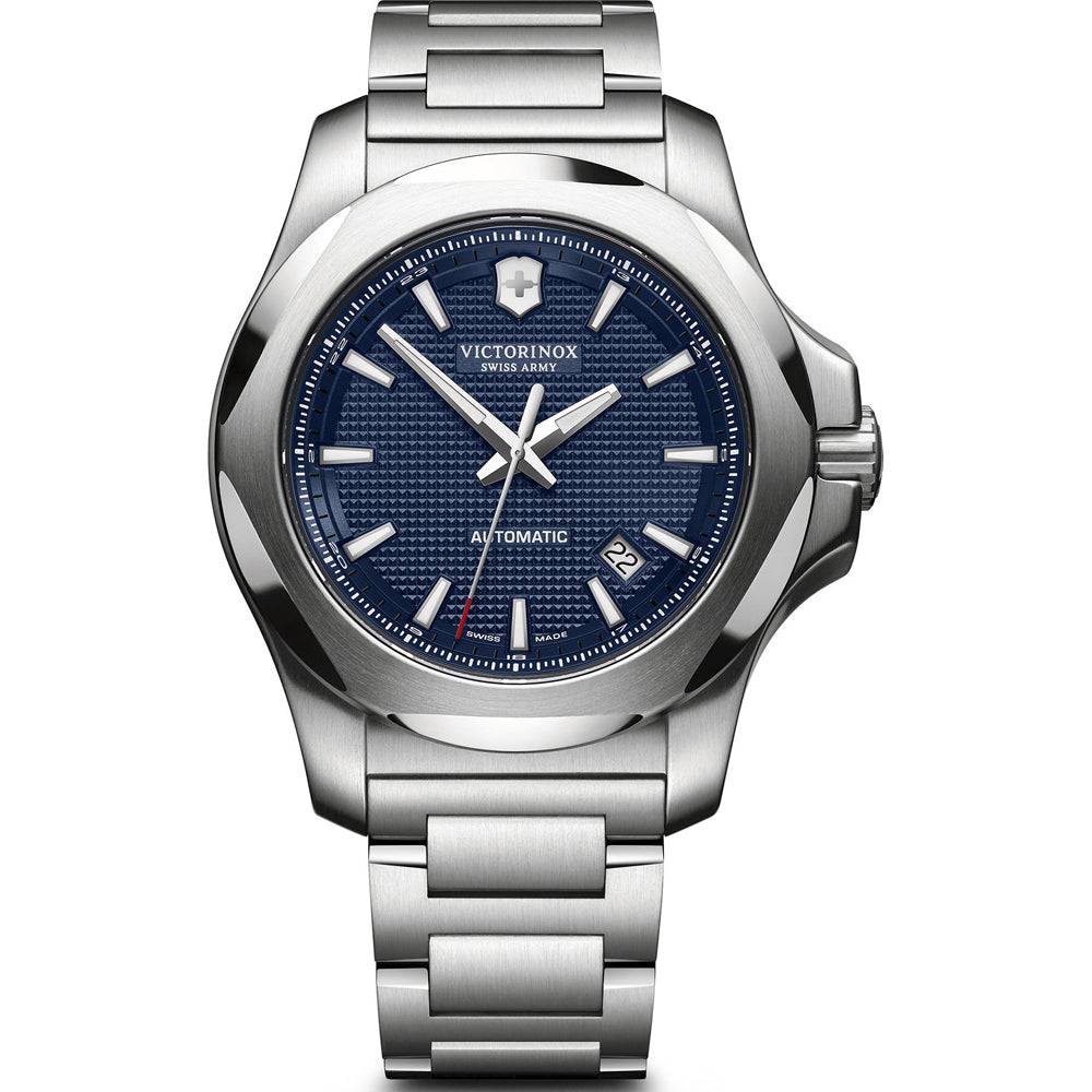 Victorinox I.N.O.X. Automatic 241835 43mm herenhorloge met blauwe wijzerplaat en roestvrijstalen band, waterdicht tot 20 ATM. Swiss Made horloge voor heren, ideaal voor dagelijks gebruik en outdoor activiteiten.